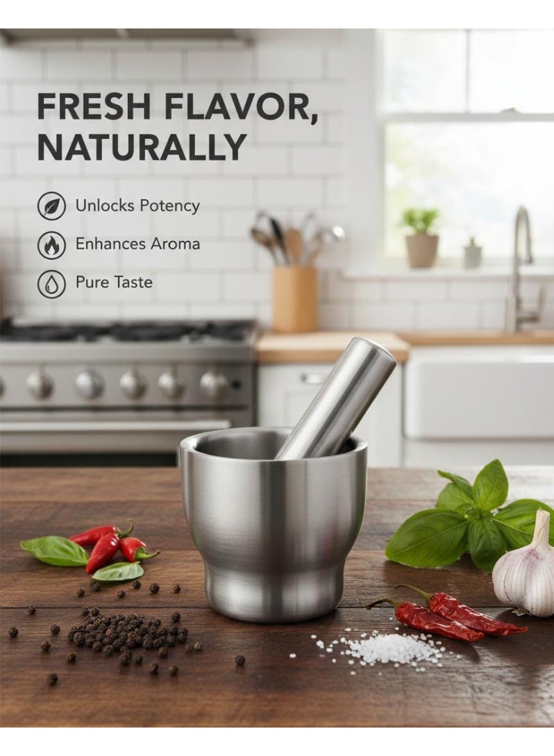 سبيس شوب طقم هاون ومدقة من الفولاذ المقاوم للصدأ الفاخر الصالح للطعام مطحنة أعشاب وتوابل شديدة التحمل للمطبخ - Image 2